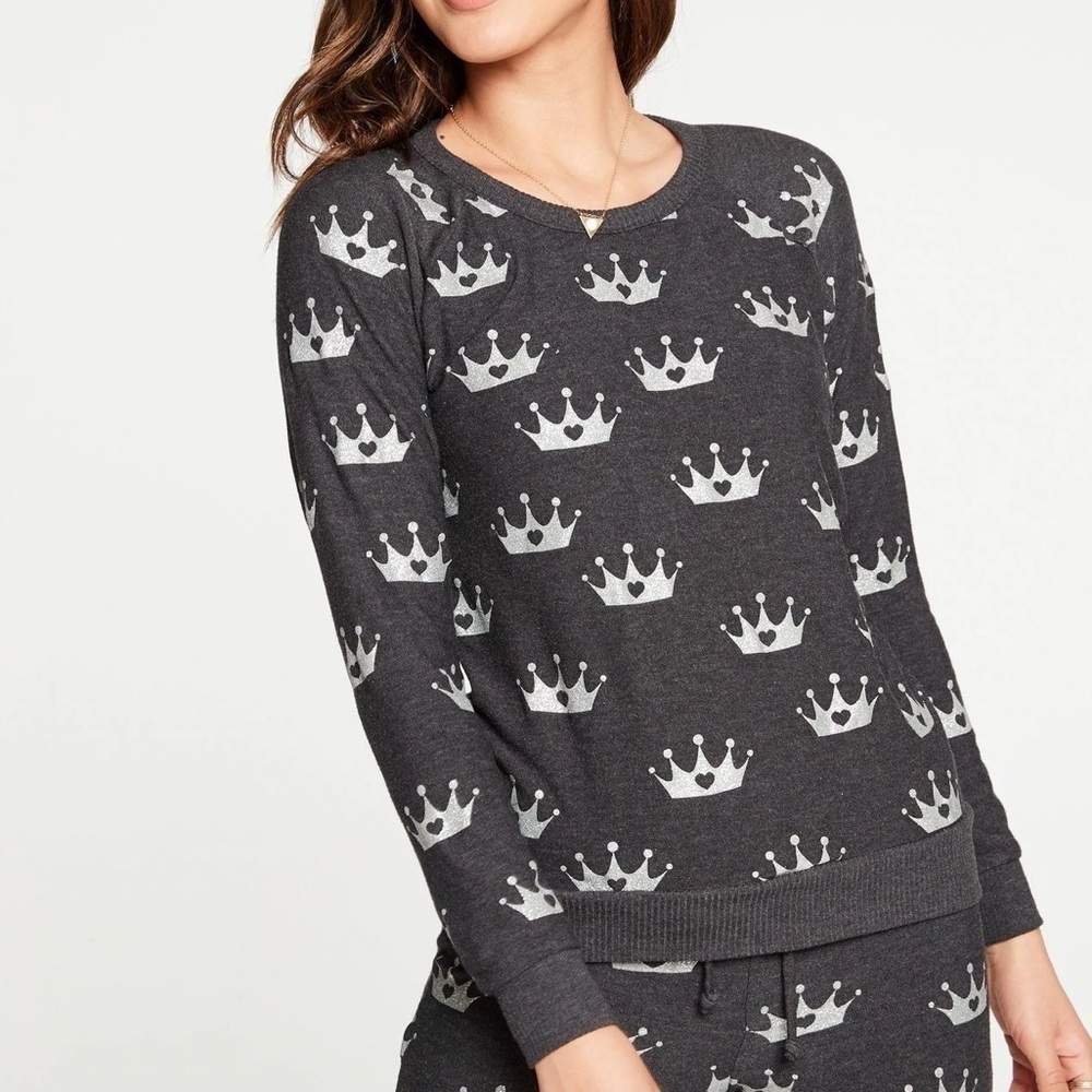 Chaser Raglan Glitter Crown Pullover Sweatshirt Top Queen Princess Size XS